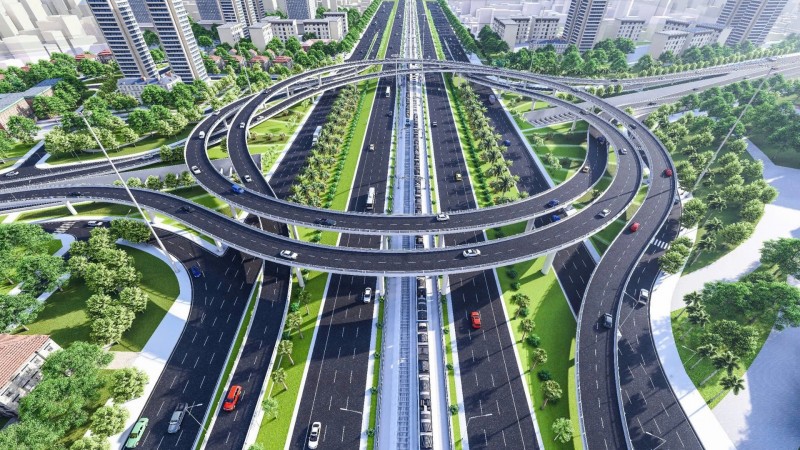 Phối cảnh nút giao khác mức đường Vành đai 3,5 với Đại lộ Thăng Long.