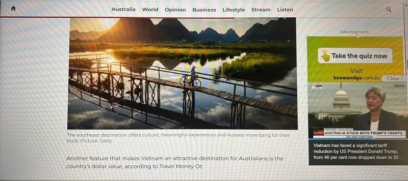  Bài viết đăng trên trang tin Sky News ca ngợi du lịch Việt Nam. Ảnh: Chụp màn hình trang tin Sky News  