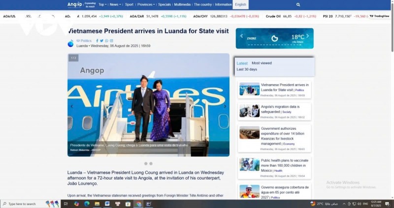 Báo chí Angola đưa tin về chuyến thăm của Chủ tịch nước Lương Cường