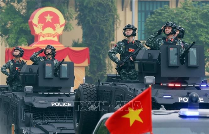 Khối xe đặc chủng của lực lượng Công an tham gia diễu hành tại buổi lễ. Ảnh: Phạm Kiên/TTXVN