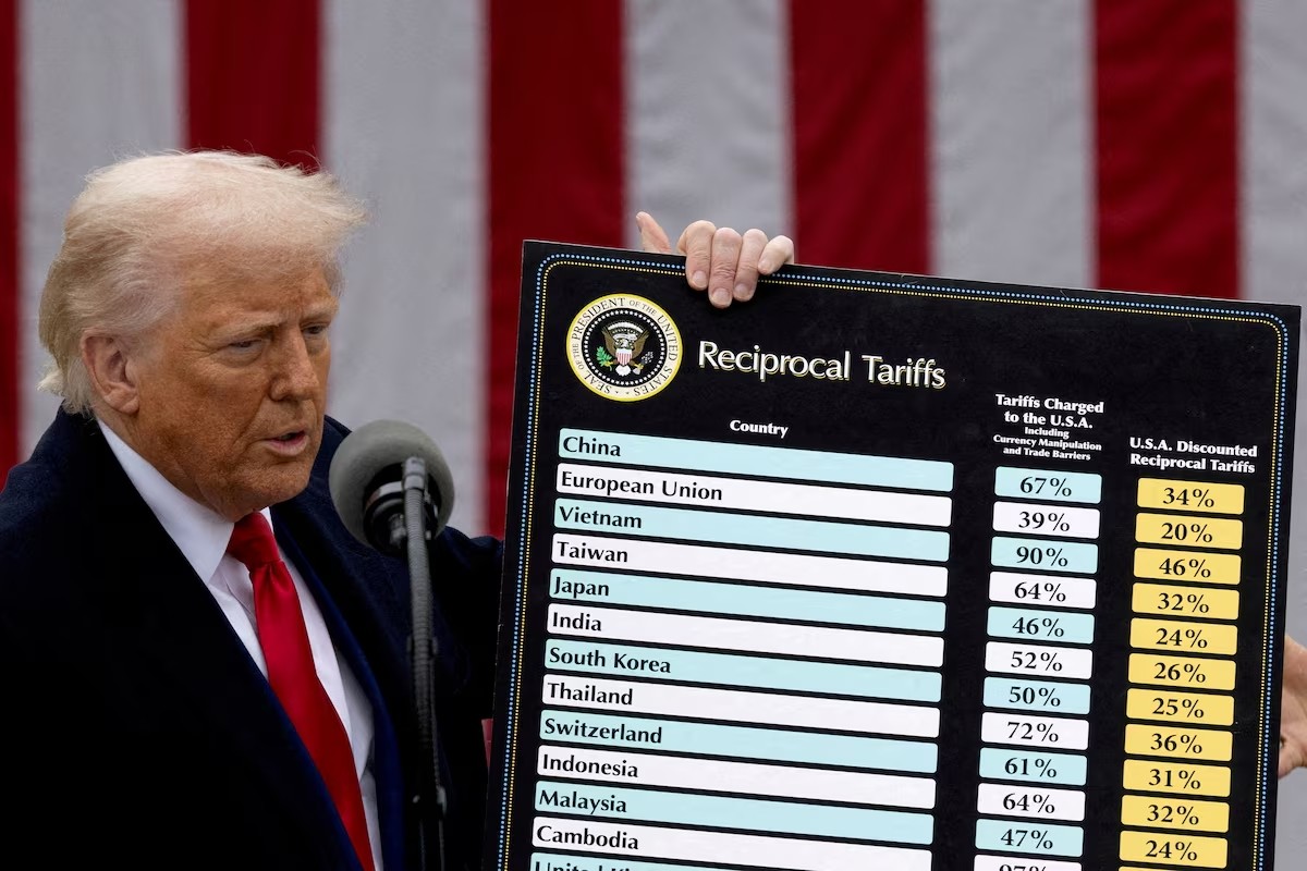 Tổng thống Mỹ Donald Trump phát biểu về chính sách thuế quan tại Vườn Hồng, Nhà Trắng, Washington D.C., ngày 2/4/2025. (Ảnh: Reuters)