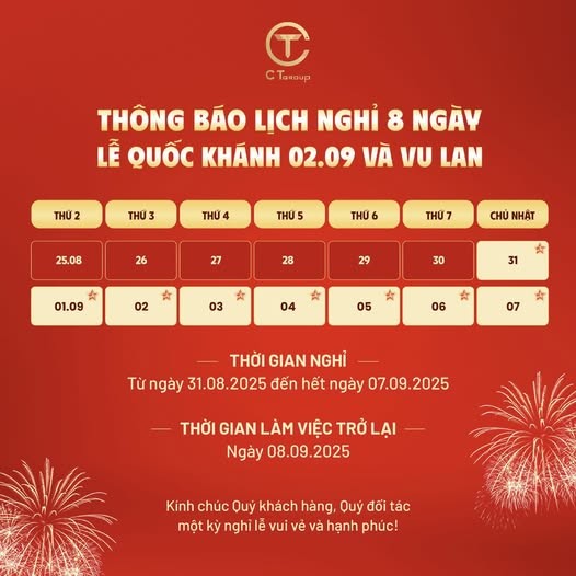 Nối tiếp kỳ nghỉ Quốc khánh 2/9, CT Group cho nhân viên nghỉ thêm 5 ngày dịp lễ Vu Lan