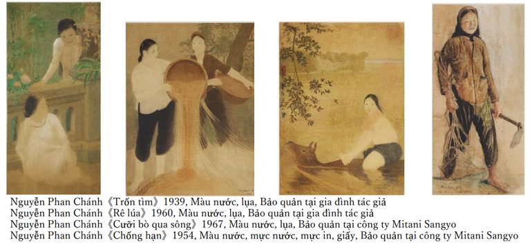Các tác phẩm của cố họa sĩ Nguyễn Phan Chánh (1892-1984) trong phần trưng bày đặc biệt - Dự án phục chế tranh Nguyễn Phan Chánh tại triển lãm. (Ảnh: Đại sứ quán Nhật Bản tại Việt Nam)