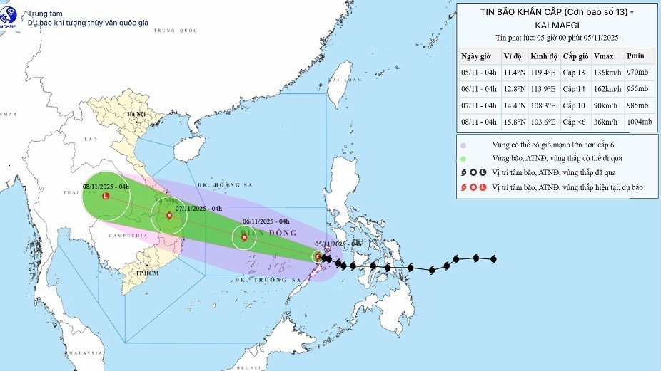 Thời tiết hôm nay (05/11): Bão số 13 vào Biển Đông, gió mạnh cấp 13, giật cấp 16