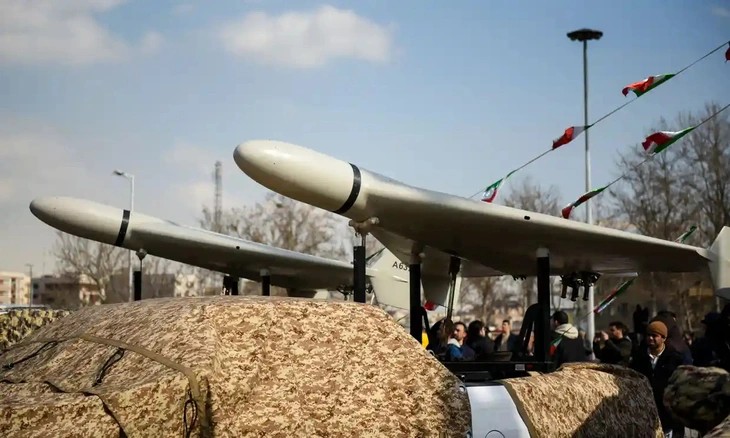 Dòng drone Shahed 136 do Iran sản xuất, được quân đội Nga dùng tại Ukraine. (Ảnh: Guardian)UARDIAN Dòng drone Shahed 136 do Iran sản xuất, được quân đội Nga dùng tại Ukraine. (Ảnh: Guardian)UARDIAN