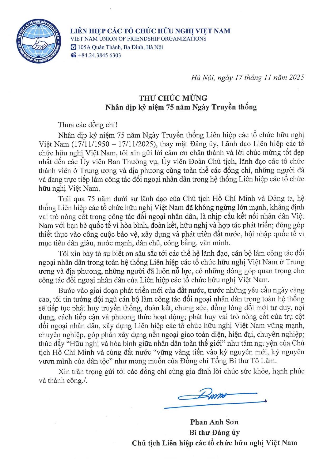 Thư chúc mừng nhân kỷ niệm 75 năm Ngày truyền thống Liên hiệp các tổ chức hữu nghị Việt Nam Thư chúc mừng của Chủ tịch Liên hiệp các tổ chức hữu nghị Việt Nam
