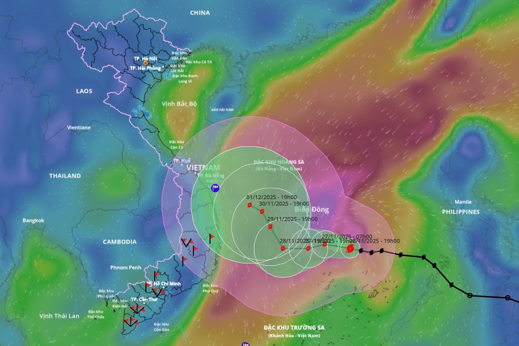 Dự báo hướng đi và vùng ảnh hưởng của bão số 15, lúc 20h ngày 26/11. Ảnh: Hệ thống giám sát thiên tai.