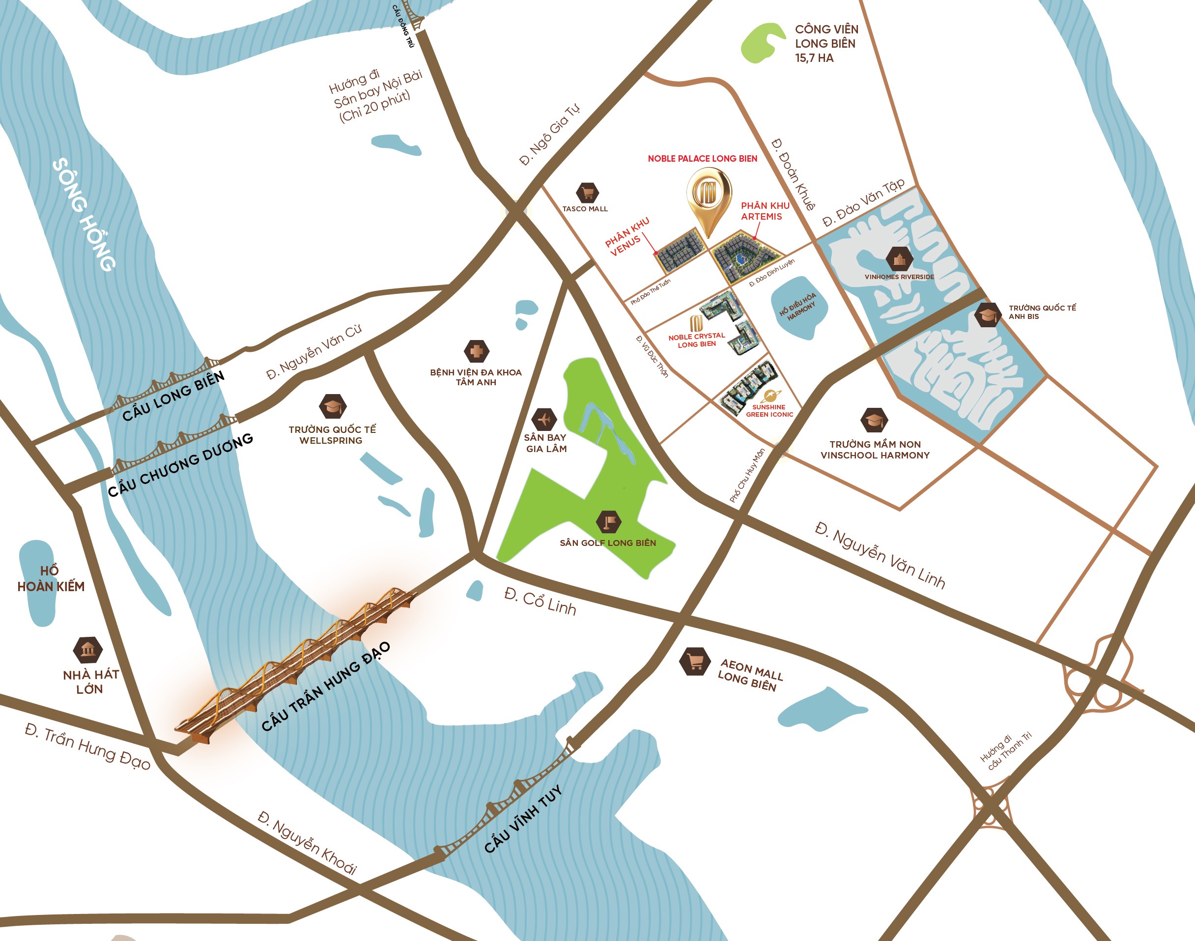 Noble Palace Long Bien sở hữu kết nối thuận lợi bậc nhất tại khu vực phía Đông Hà Nội: Chỉ mất khoảng 10 phút để di chuyển đến trung tâm hồ Hoàn Kiếm sau khi kết nối cầu Trần Hưng Đạo