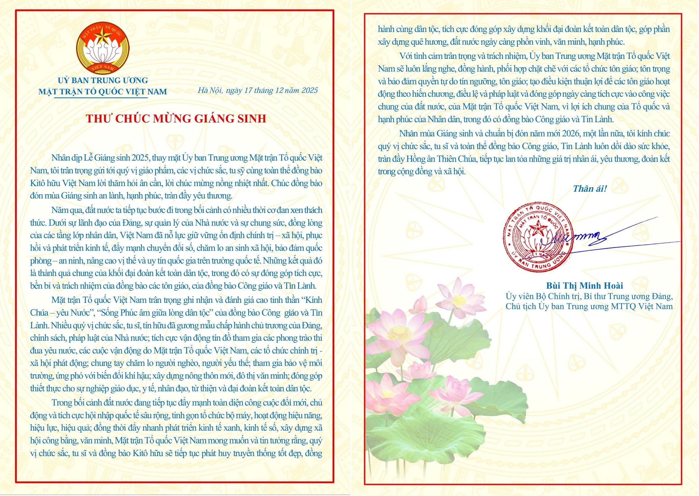 Thư chúc mừng Giáng sinh của bà Bùi Thị Minh Hoài, Ủy viên Bộ Chính trị, Bí thư Trung ương Đảng, Chủ tịch Ủy ban Trung ương Mặt trận Tổ quốc Việt Nam. (Ảnh: mattran.org.vn)