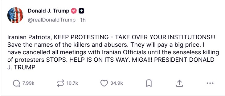 Dòng trạng thái được ông Trump chia sẻ trên mạng xã hội Truth Social vào tối 13-1 theo giờ Việt Nam - Ảnh chụp màn hình