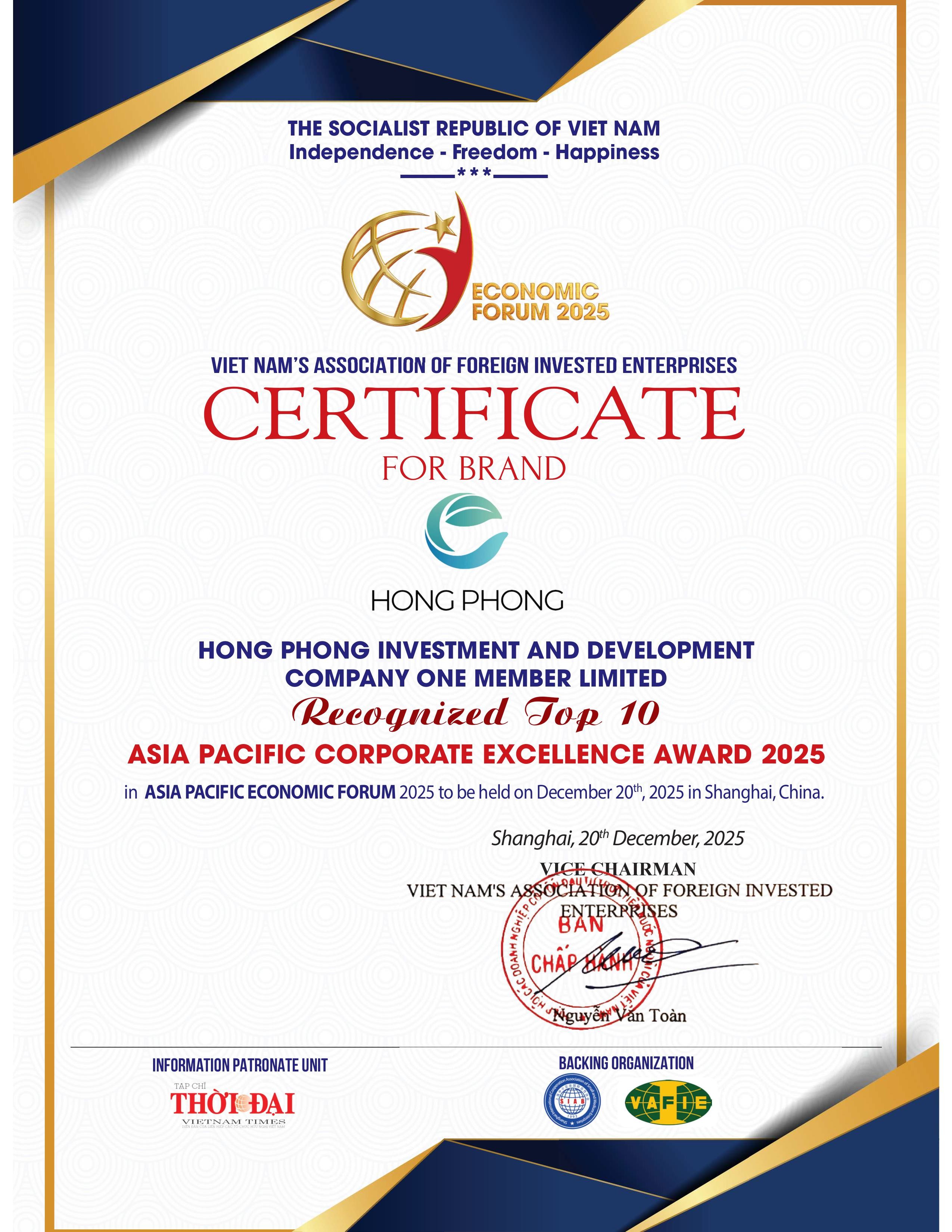Hồng Phong Holdings tự hào được vinh danh tại Diễn đàn Kinh tế Châu Á  - Thái Bình Dương 2025