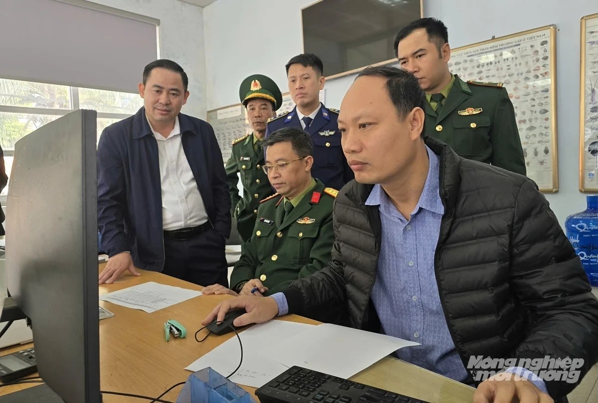 Lãnh đạo Cục tác chiến (Bộ Quốc phòng) và Cục Thủy sản Kiểm ngư (Bộ NN-MT) thực hiện thủ tục kiểm tra, kiểm soát tàu cá tại cảng Cái Rồng, đặc khu Vân Đồn, Quảng Ninh. Ảnh: Cường Vũ. 