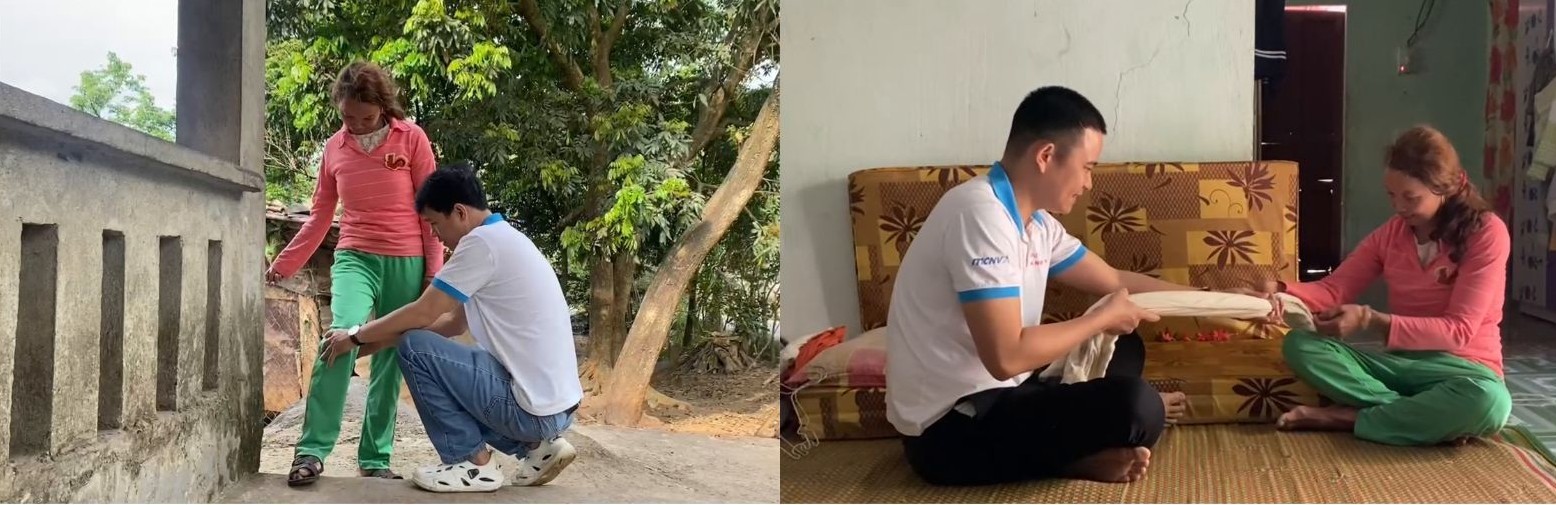 Chị Hồ Thị Nhã tập PHCN tại nhà với sự hỗ trợ của các cán bộ y tế.