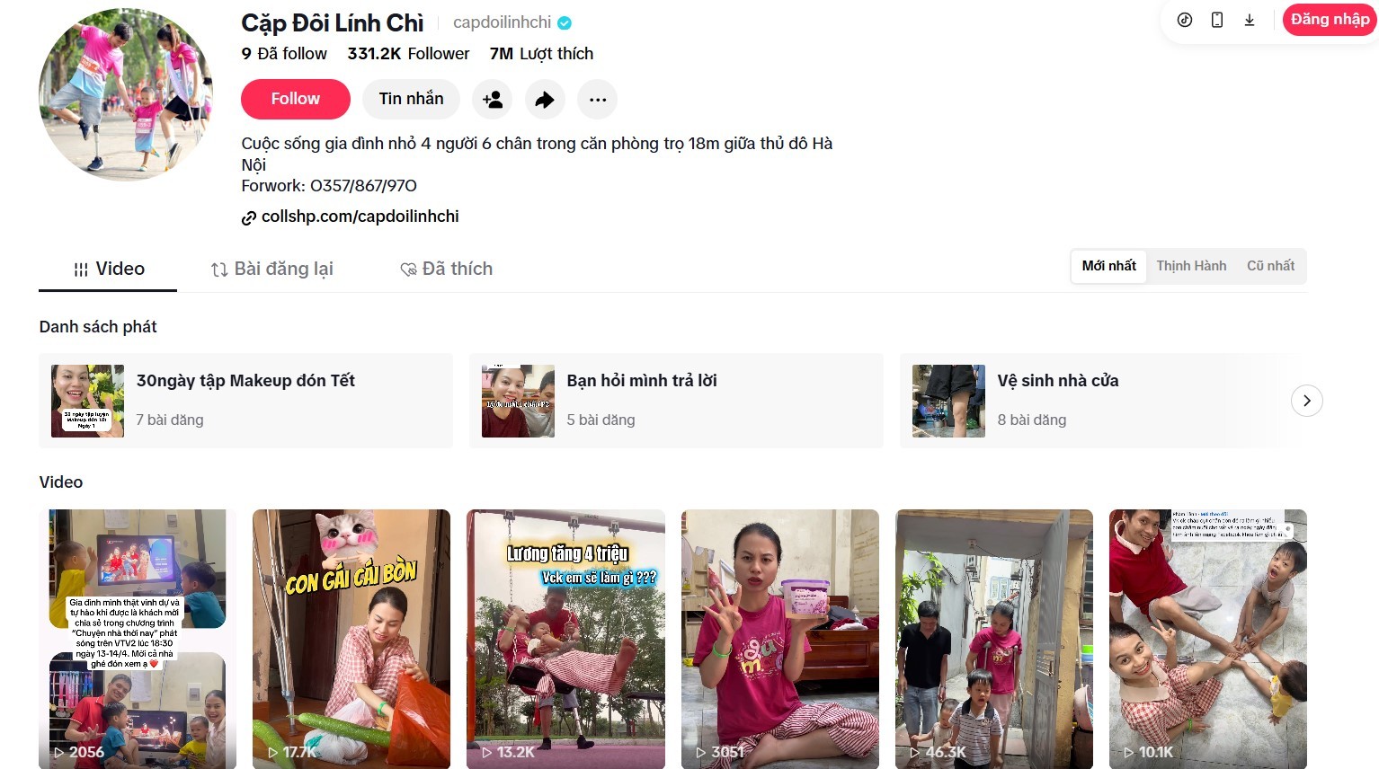 Kênh TikTok @capdoilinhchi ghi lại cuộc sống thường nhật của vợ chồng chị Thu