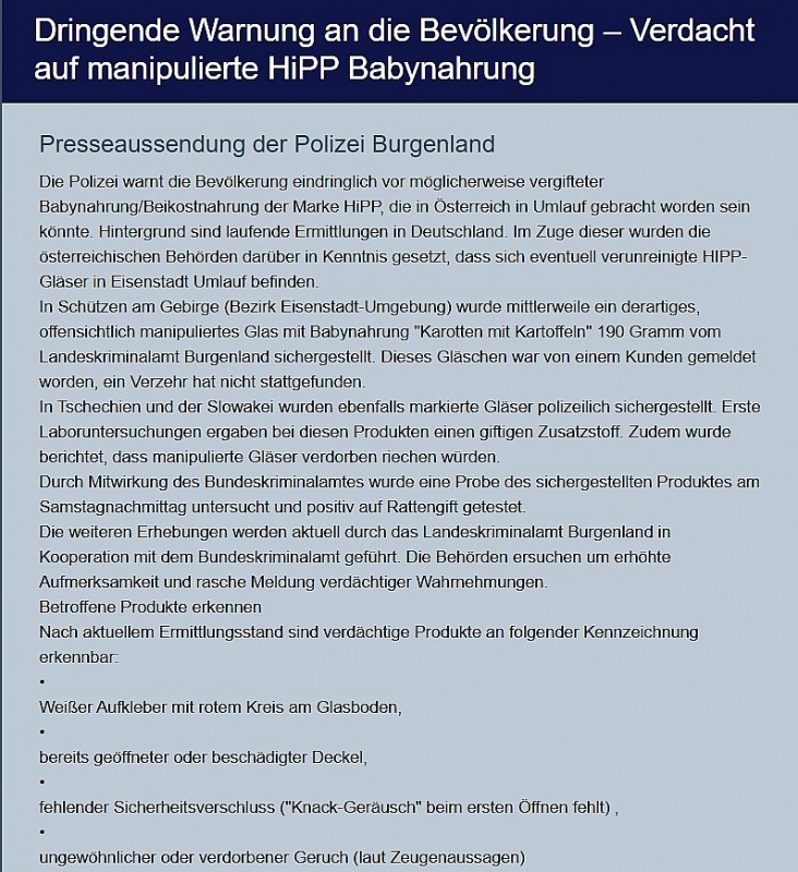Lô thực phẩm ăn dặm của thương hiệu nổi tiếng HiPP bị thu hồi khẩn cấp