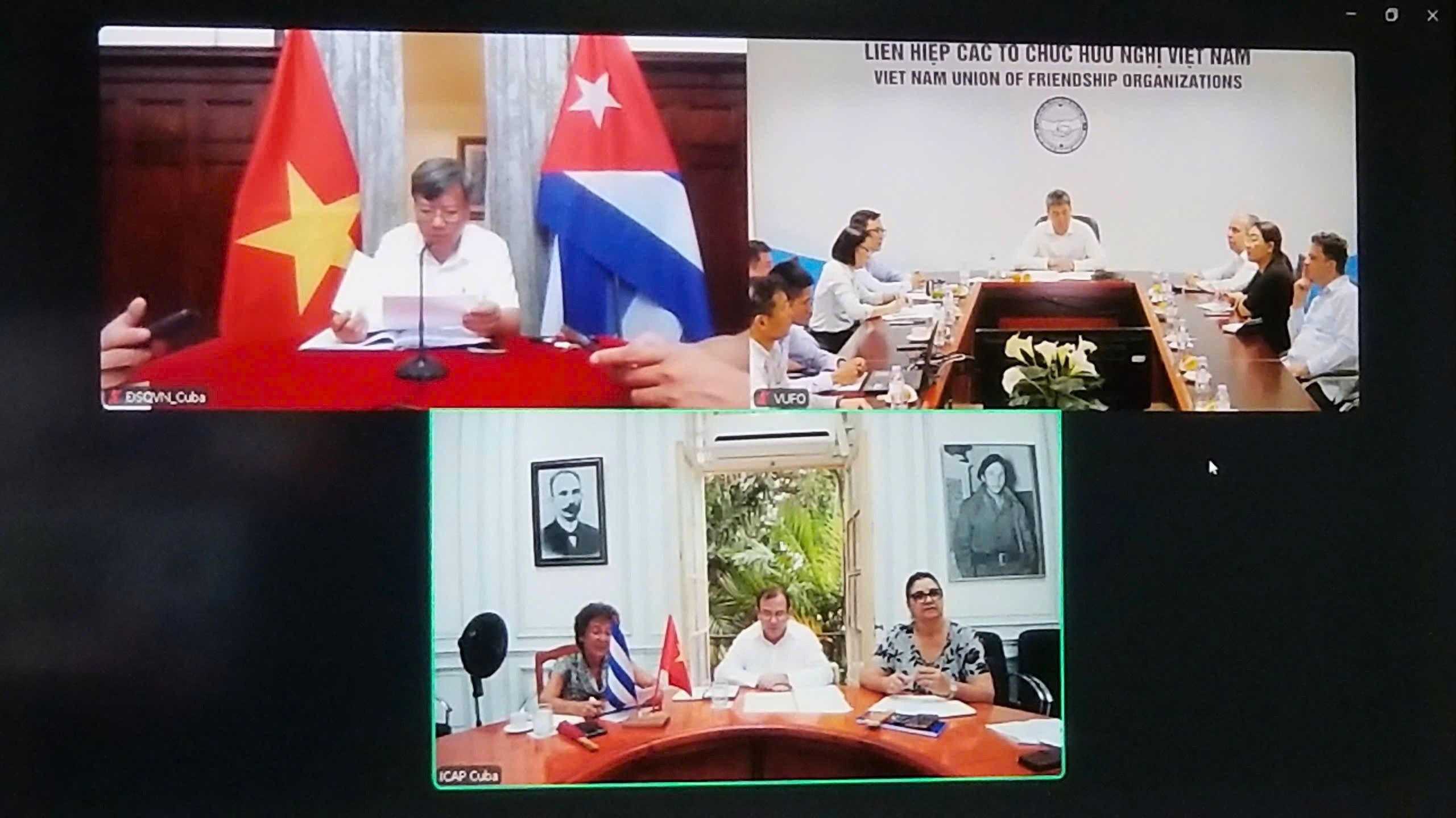 Hội đàm trực tuyến giữa Liên hiệp các tổ chức hữu nghị Việt Nam và Viện Cuba hữu nghị với các dân tộc. (Ảnh: Ban Châu Mỹ - Châu Đại Dương cung cấp)
