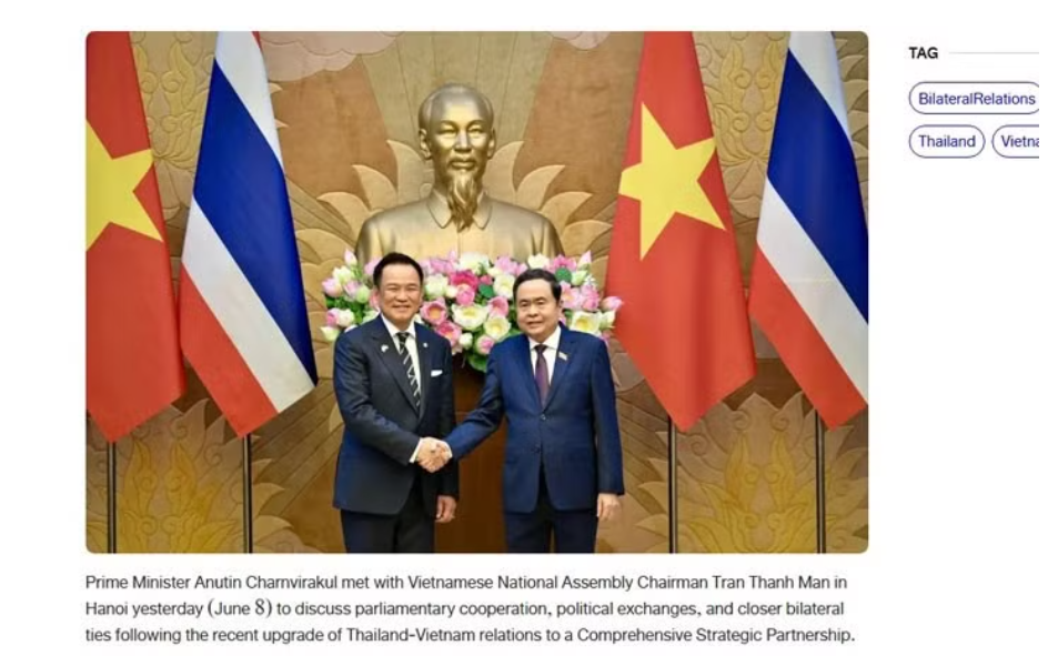Tin Chủ tịch Quốc hội Trần Thanh Mẫn hội kiến Thủ tướng Anutin Charnvirakul trên NBT. (Ảnh chụp màn hình) Tin Chủ tịch Quốc hội Trần Thanh Mẫn hội kiến Thủ tướng Anutin Charnvirakul trên NBT. (Ảnh chụp màn hình)