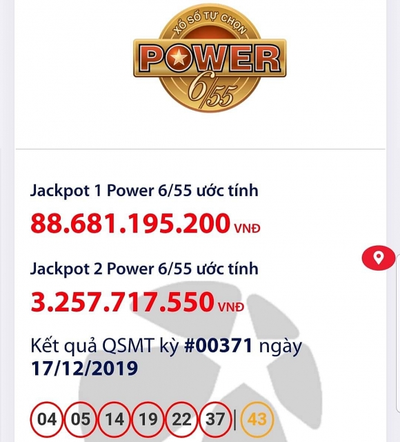 ket qua xo so vietlott power 655 ngay 17122019 hon 89 ti dong da ve dau