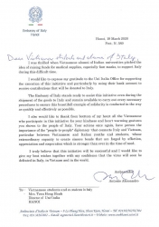 Đại sứ Italia gửi thư cảm ơn đến các cựu sinh viên Việt Nam