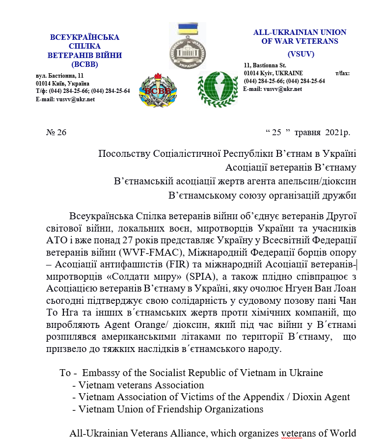 Liên minh Cựu chiến binh toàn Ukraine ra tuyên bố ủng hộ nạn nhân chất độc màu da cam Việt Nam