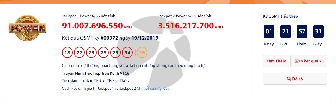 ket qua xo so vietlott power 655 ngay 19122019 ai vua trung hon 90 ti dong