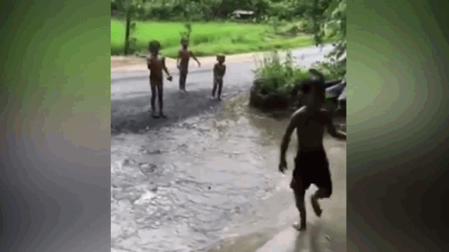 Video: Cố tình đội mưa để trêu chó, 4 cậu bé chạy té khói