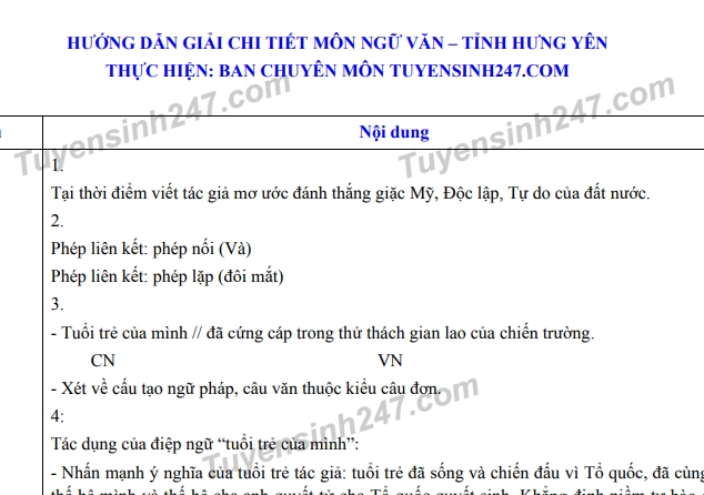 dap an de thi ngu van tuyen sinh lop 10 vao thpt o hung yen nam 2020