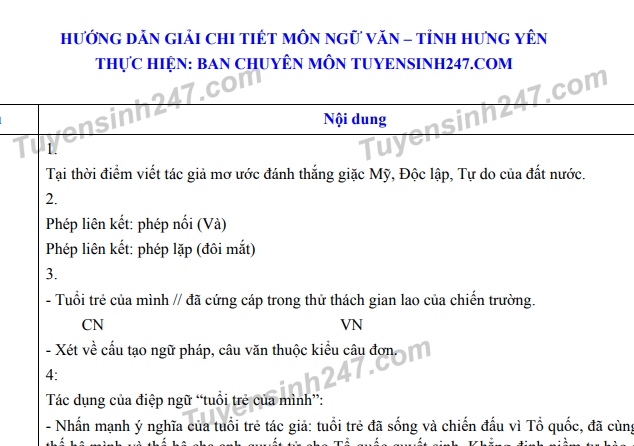 Đáp án đề thi Ngữ văn tuyển sinh lớp 10 vào THPT ở Hưng Yên năm 2020