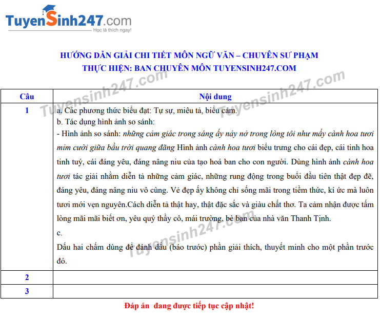 Đáp án đề thi Ngữ văn tuyển sinh lớp 10 vào Chuyên Sư phạm Hà Nội