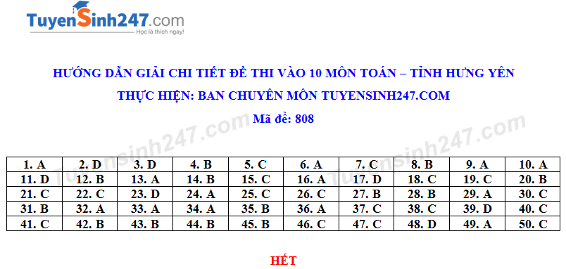 Đáp án đề thi môn Toán tuyển sinh lớp 10 vào THPT tỉnh Hưng Yên năm 2020