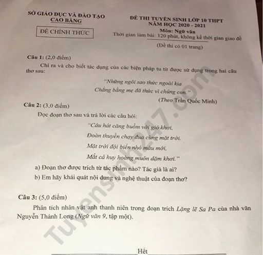 de thi ngu van tuyen sinh lop 10 vao thpt tinh cao bang nam 2020