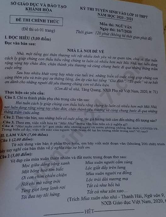 Đề thi Ngữ văn tuyển sinh lớp 10 vào THPT tỉnh Khánh Hòa năm 2020