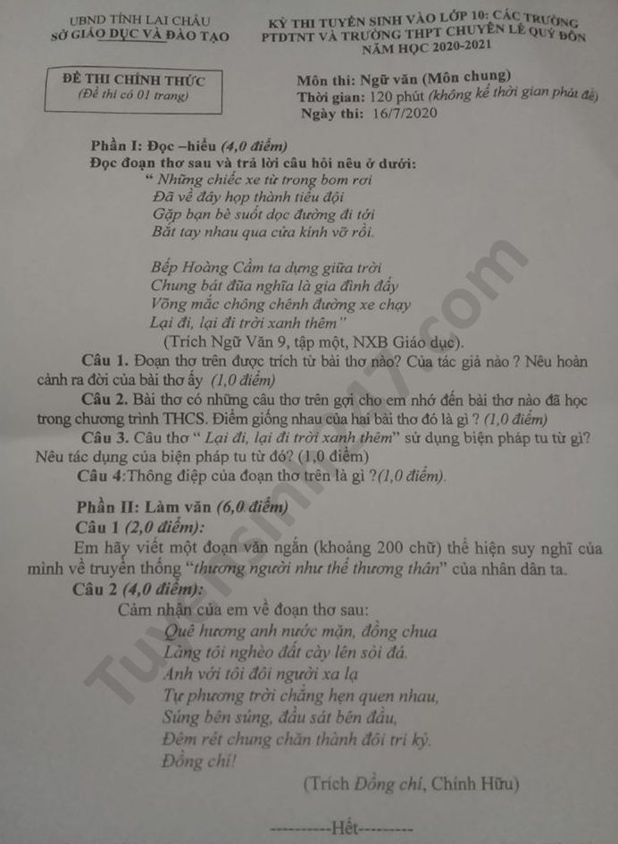 Đề thi Ngữ văn tuyển sinh lớp 10 vào THPT DTNT và chuyên Lê Quý Đôn tỉnh Lai Châu năm 2020