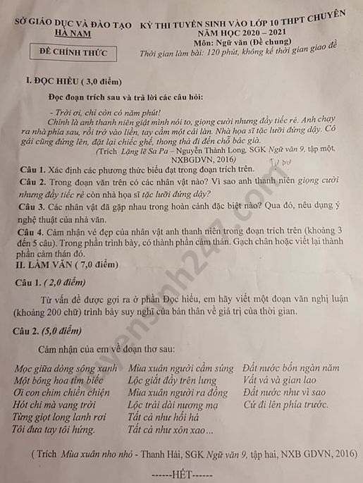 Đề thi Ngữ văn tuyển sinh lớp 10 vào THPT chuyên Hà Nam năm 2020