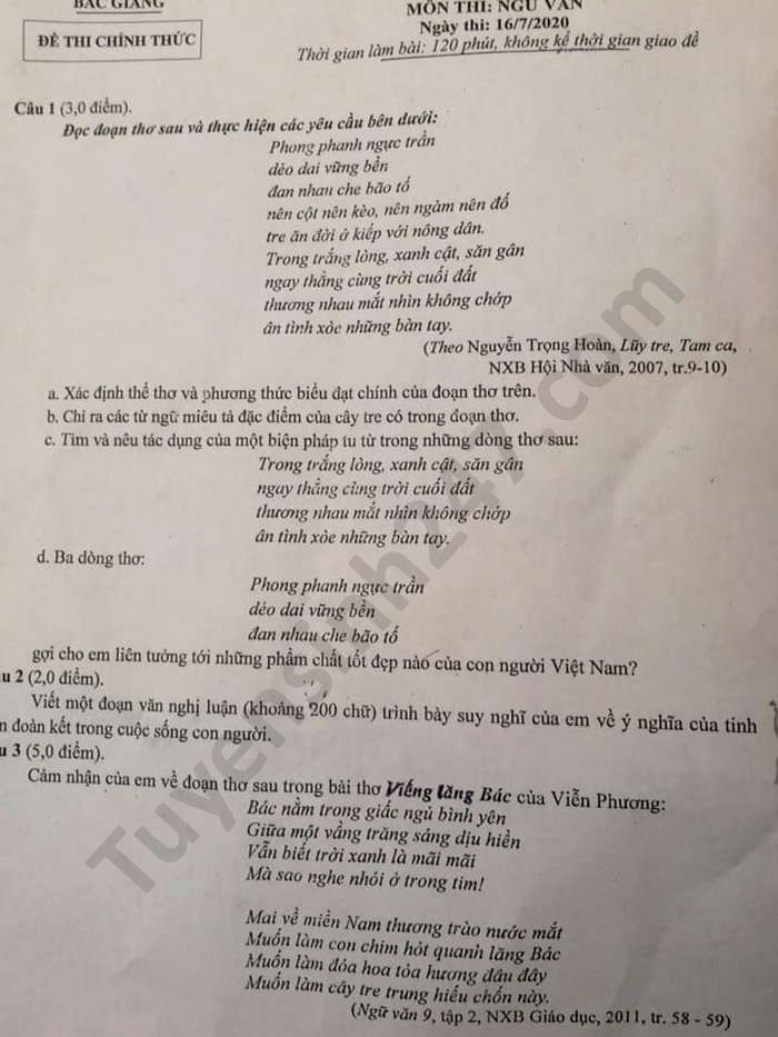Đề thi Ngữ văn tuyển sinh lớp 10 vào THPT tỉnh Bắc Giang năm 2020