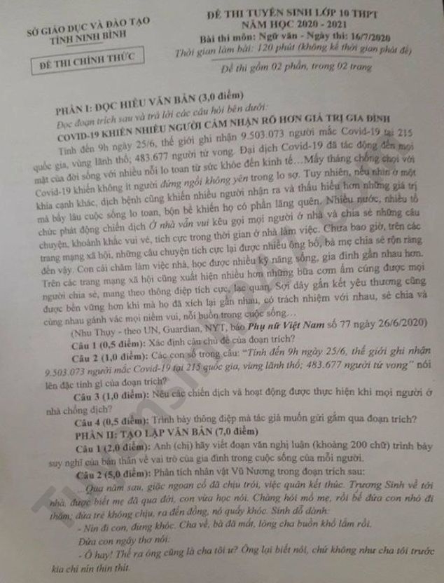Đề thi Ngữ văn tuyển sinh lớp 10 vào THPT tỉnh Ninh Bình năm 2020