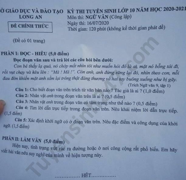 Đề thi Ngữ văn tuyển sinh lớp 10 vào THPT tỉnh Long An năm 2020