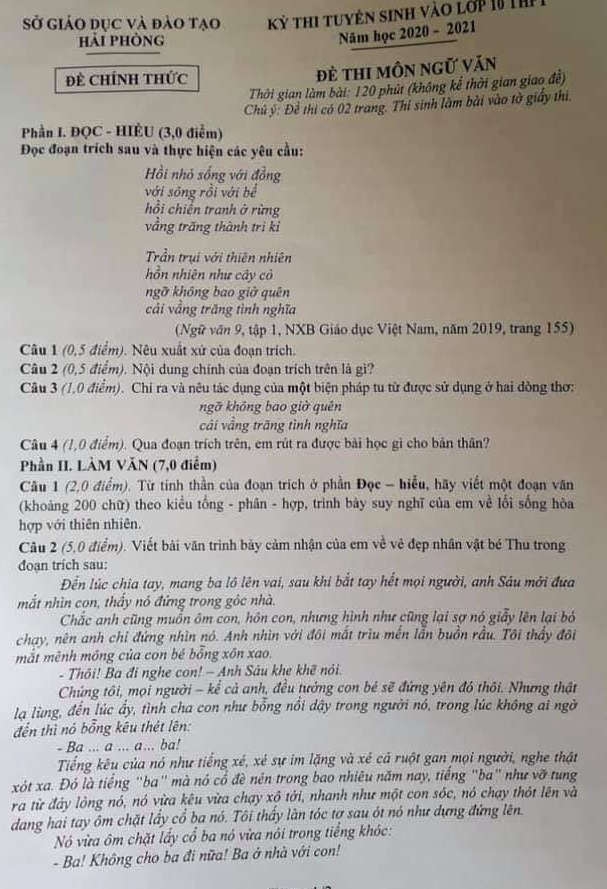 Đề thi Ngữ văn tuyển sinh lớp 10 vào THPT TP Hải Phòng năm 2020