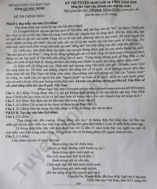 de thi ngu van tuyen sinh lop 10 vao thpt tinh quang ninh nam 2020