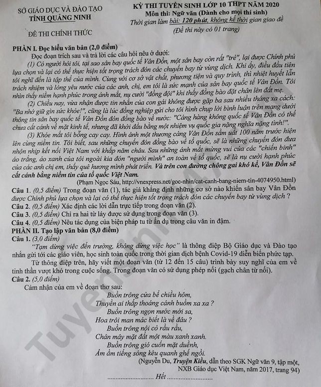 Đề thi Ngữ văn tuyển sinh lớp 10 vào THPT tỉnh Quảng Ninh năm 2020
