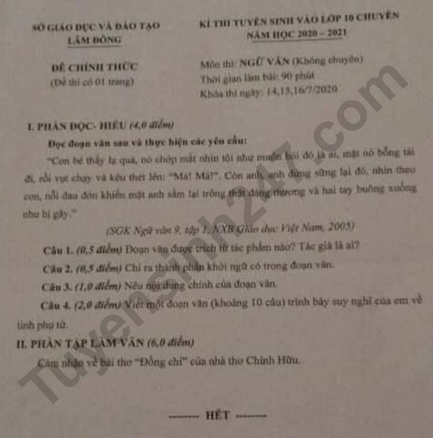 de thi ngu van tuyen sinh lop 10 vao thpt tinh lam dong nam 2020