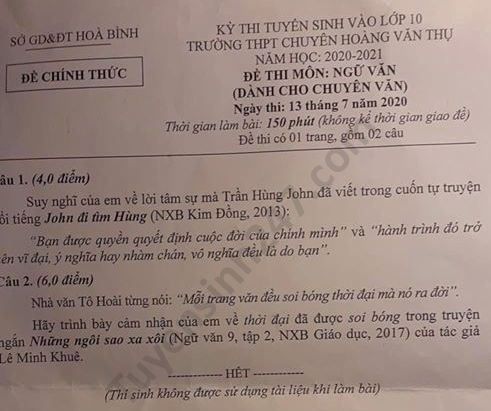 2734 de thi ngu van tuyen sinh lop 10 vao thpt chuyen hoang van thu tinh hoa binh nam 2020