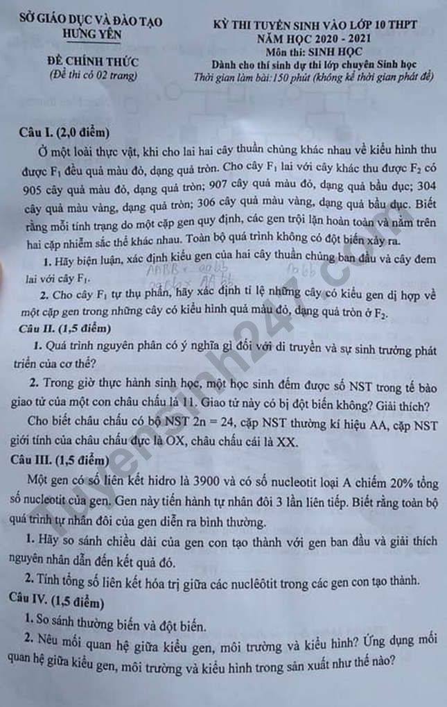 Đề thi môn Sinh học tuyển sinh lớp 10 vào THPT Chuyên Hưng Yên năm 2020