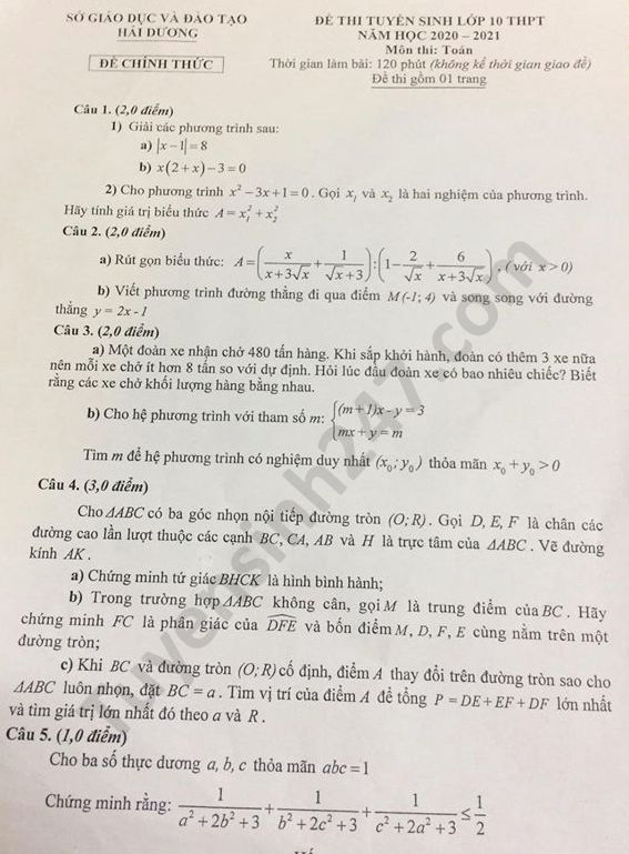 Đề thi môn Toán tuyển sinh lớp 10 vào THPT tỉnh Hải Dương năm 2020