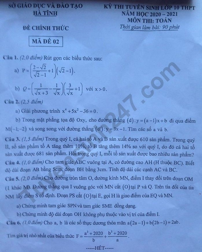 Đề thi môn Toán tuyển sinh lớp 10 vào THPT tỉnh Hà Tĩnh năm 2020