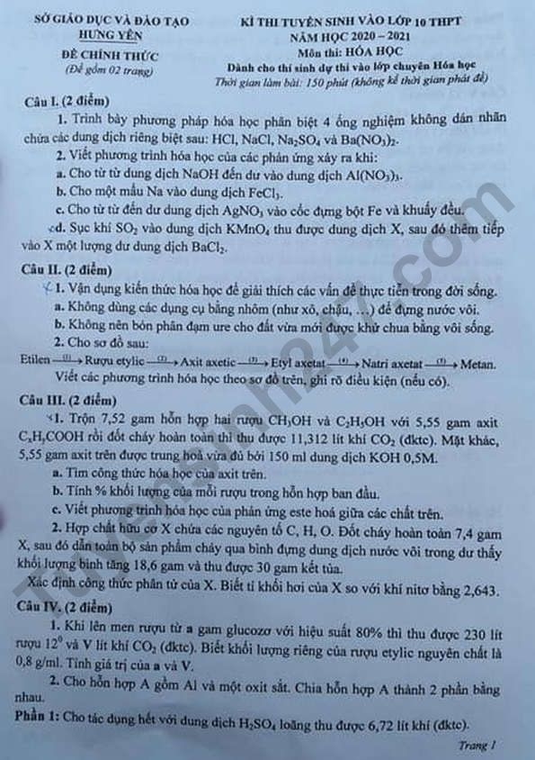 Đề thi môn Hóa học tuyển sinh lớp 10 vào THPT Chuyên Hưng Yên năm 2020