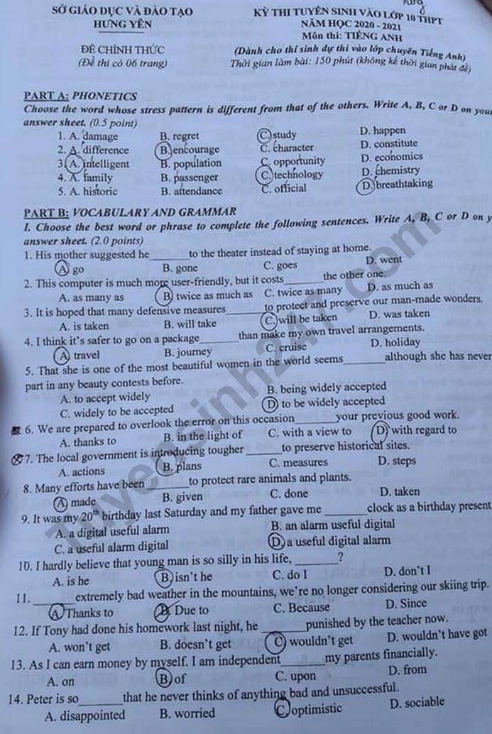 Đề thi Anh văn tuyển sinh lớp 10 vào THPT Chuyên Hưng Yên năm 2020