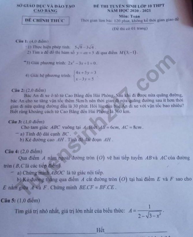 de thi mon toan tuyen sinh lop 10 vao thpt tinh cao bang nam 2020