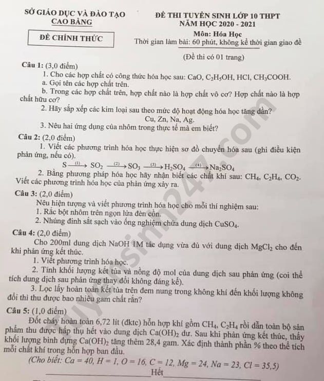 Đề thi môn Hóa học tuyển sinh lớp 10 vào THPT tỉnh Cao Bằng năm 2020