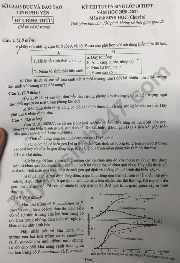 Đề thi môn Sinh học tuyển sinh lớp 10 vào THPT Chuyên Phú Yên năm 2020